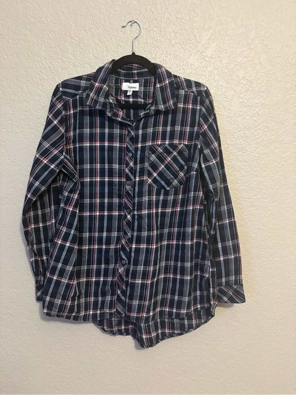 Sonoma Women’s Large Navy Pink Plaid Button-Up Flannel Shirt